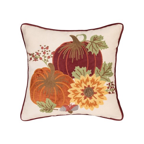 Fall Coastal Indoor Outdoor Pillow Cover, Embroidered Pumpkin with Fringed Trim, Neutral Tan, 20x20