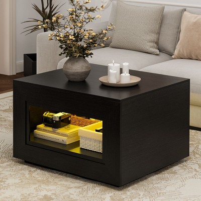 WOWLIVE Lift Top Coffee Table with Storage for Living Room, Square Wood Center Table with LED, 2-Tier Accent Cocktail Table Office Apartment