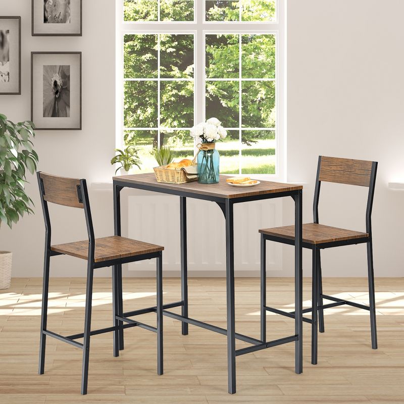 Costway 3PCS Bar Table Set Industrial Counter Height Dining Table Set w/2 Stools, 2 of 11