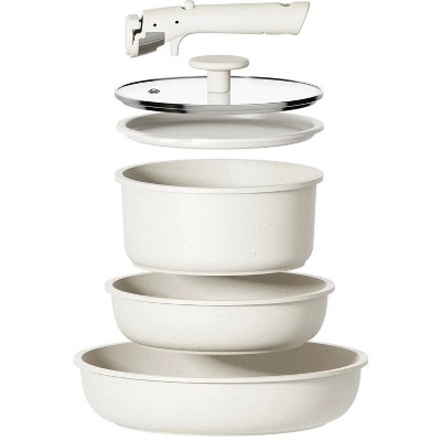 LunaLulinlk Nonstick Detachable Pots and Pans Set, 6 Pieces Induction Cookware Set, Oven/Dishwasher Safe, Easy for Storage, White Granite