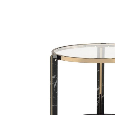 Round Glass and Faux Black Marble End Table with Champagne Trim