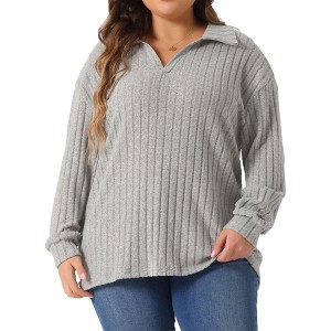 Agnes Orinda Women's Plus Size Collared Ribbed Brushed V Neck Solid Long Sleeve Polo Blouses - 1 of 4