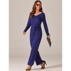 Seta T Women's Long Sleeve V Neck Belted Back Zipper Stretchy Wide Leg Long Pants Jumpsuit Rompers - 2 of 4