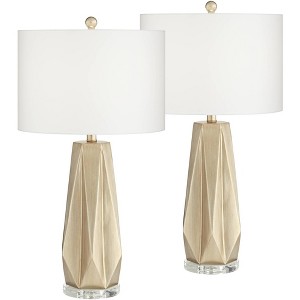 Possini Euro Design Bravo 28" Tall Geometric Modern Table Lamps Set of 2 Champagne Finish White Shade Living Room Bedroom Bedside Nightstand House - 1 of 4