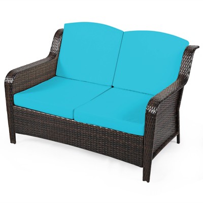 Turquoise Cushioned 5-Piece Rattan Patio Sofa Set