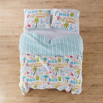 King Size Blue Cotton Reversible Coastal Quilt Set