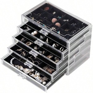 Acrylic Earring Organizer with 5 Drawers, Velvet Trays, Clear Jewelry Box for Women - 1 of 4
