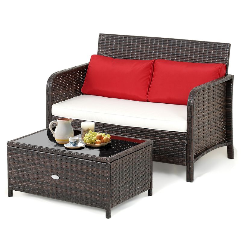 Costway 2PCS Patio Rattan Wicker Love-seat Coffee Table Set  Cushioned Bench Garden Deck, 2 of 11
