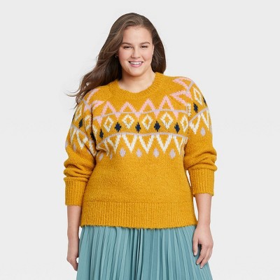 Women's Plus Size Crewneck Sweater - A New Day™ Yellow Fair Isle 4X