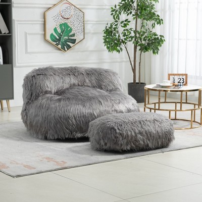 NicBex Plush Bean Bag Chair with Ottoman,Lazy Sofa Chair with Handle and High-Rebound Memory Foam,Modern Lounge Chair for Living Room,Gray