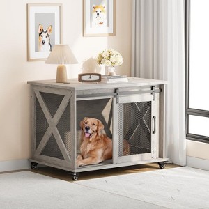 37 Inch Dog Crate Furniture, Indoor Dog Cage with Sliding Barn Door, Flip Top Dog Kennel End Table with Removable Divider, Wooden Pet House - 1 of 4