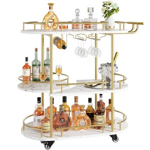 Rotating Kitchen Cart - Golden Cart, Wine Glass Bar Cart, Wine Rack Cart with Wheel, Glass Holder, 3 Tier Dining Room Gold Wine Bar Cart - 1 of 4