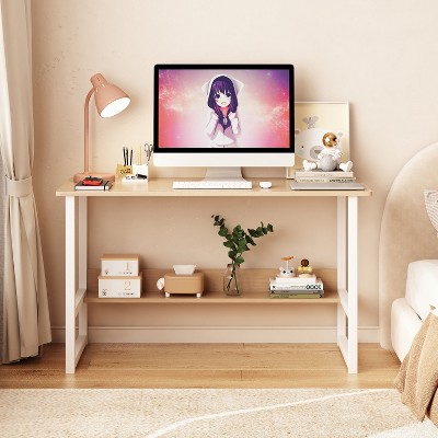 NicBex Home Office Desk 39.4" L Simple Writing Desk with Open Storage Shelf, Wooden Desktop and Metal Legs for Office, Study, Living Room, Light Oak