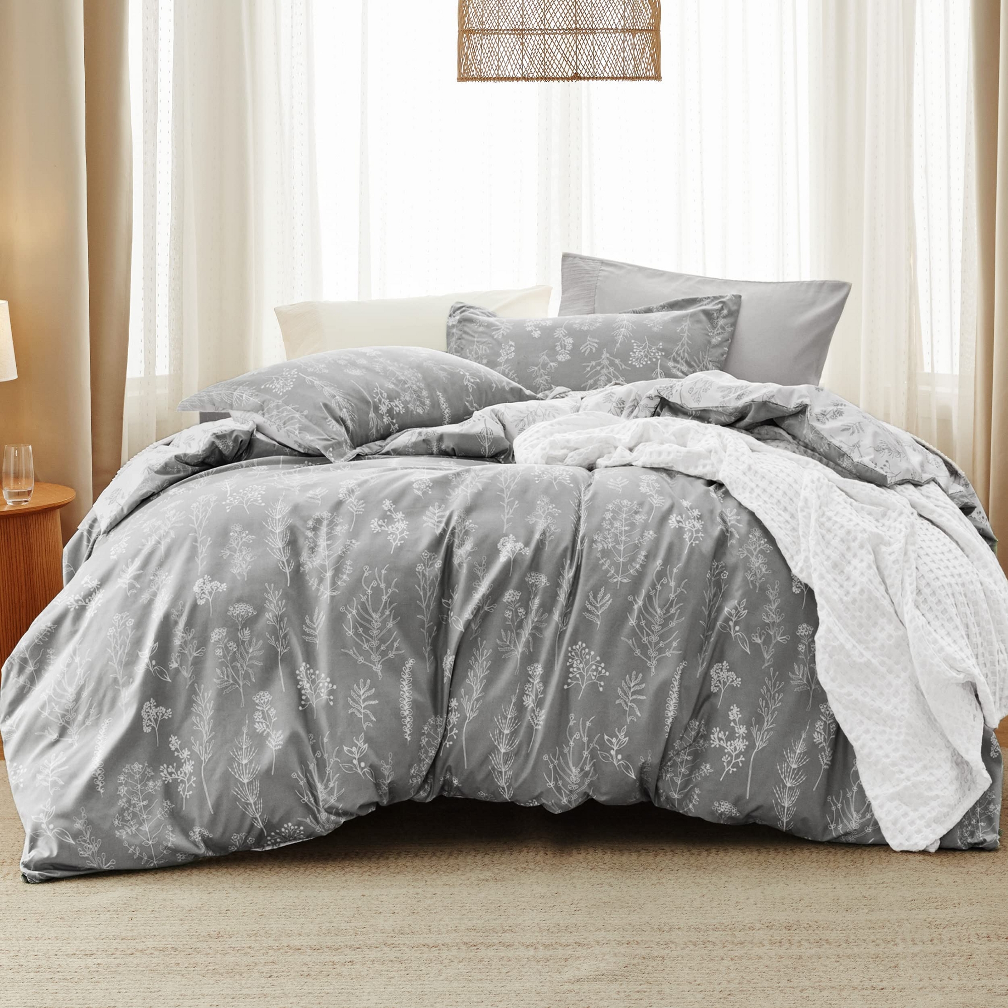 2 Pcs Floral Printed Reversible Grey Comforter Set Twin/Twin XL Size Soft Designed Plants Pattern Bedding Set - Bedsure