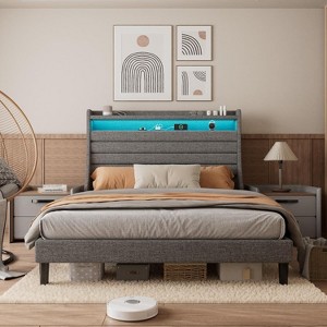 Upholstered Bed Frame with Storage Headboard, Charging Station & LED Lights, Wood Slat Support, No Box Spring Required, Noise-Free. - 1 of 4