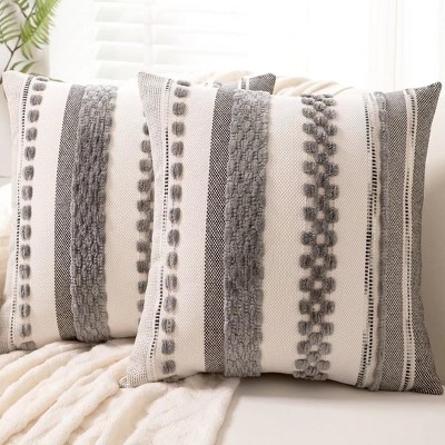 Boho Throw Pillow Covers 18x18 Set of 2 Farmhouse Decorative Cushion Case Striped Square, Chenille Pillow Cases Accent Neutral Pillowcase,Gray