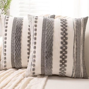 Boho Throw Pillow Covers 18x18 Set of 2 Farmhouse Decorative Cushion Case Striped Square, Chenille Pillow Cases Accent Neutral Pillowcase,Gray - 1 of 4