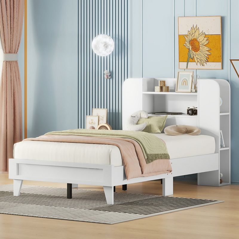 Twin/Full Size Platform Bed with Storage Headboard, Multiple Storage Shelves on Both Sides - ModernLuxe, 1 of 9