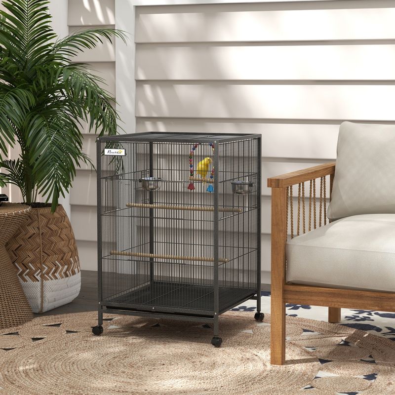PawHut Metal Bird Cage with Stand for Parrots, Lovebirds, Finches, Large Bird Cage with Swing, Stained Steel Bowls, Removable Tray, Gray, 2 of 7
