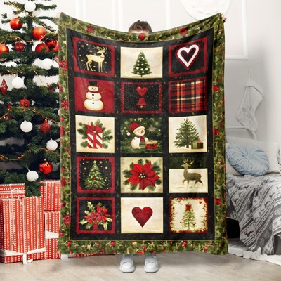 Snowy Bliss, Cozy Christmas Flannel Throw Blanket - Snowman, Tree & Deer Design | Soft Red & White Winter Decor for Couch, Bed, Sofa.