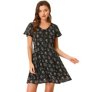 Allegra K Women's Floral Printed Flare Short Sleeve Lace-up V Neck A-Line Chiffon Dress - 1 of 4