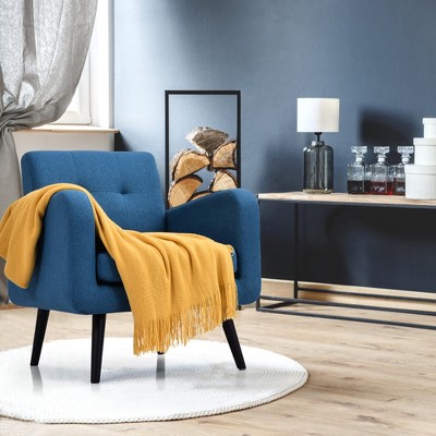 Blue Linen Tufted Back Armchair with Rubber Wood Legs