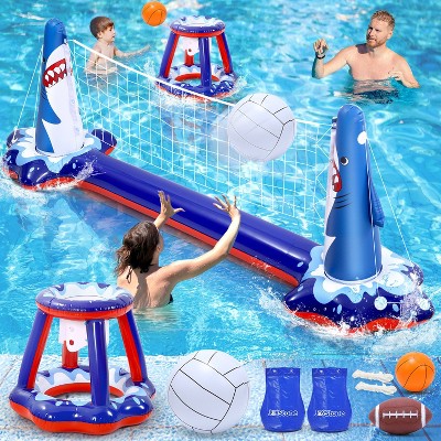 Skirfy Inflatable Volleyball Pool Float Set with Volleyball Net and Basketball Hoop, 2-in-1 Floating Water Games for Kids and Adults