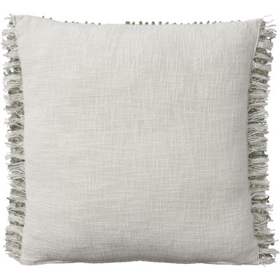 Sage Green Cotton and Polyester Square Throw Pillow with Fringe Edges