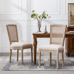 VYNXARIA French Style Solid Wood Frame Linen Fabric Square Rattan Back Dining Chair,Set of 2,Cream - 1 of 4