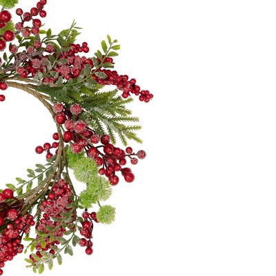 Artificial Frosted Red Berry and Pine Christmas Wreath, 16-Inch Unlit