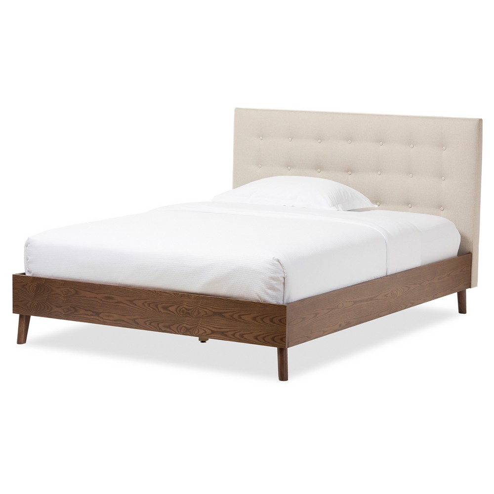 Photos - Bed Queen Alinia Mid-Century Retro Modern Fabric Upholstered Walnut Wood Platform  Light Beige - Baxton Studio