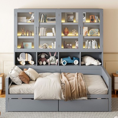 Twin/Full Size Wooden Daybed with Glass-Door Storage Cabinets, Built-in LED Lighting, Drawers and Open Shelves, White/Gray-ModernLuxe