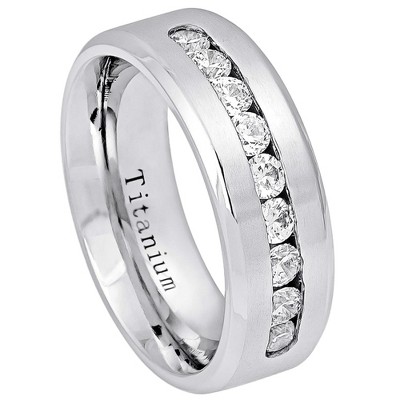 Jewelry Avalanche Mens White Titanium Wedding Band Channel CZ Accent, Comfort-fit, 8mm