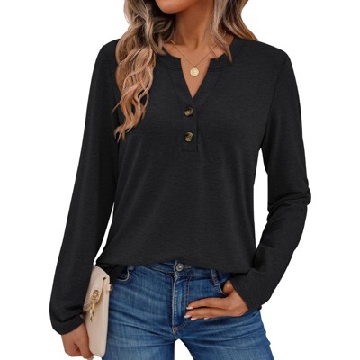 Women's 2025 Fall Long Sleeve Henley Top Dressy Casual V-Neck Blouse Trendy Loose Fit Button Up Shirts Cute T-Shirt