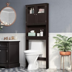 VINGLI Over The Toilet Storage Cabinet White Bathroom Storage Organizer Above The Toilet Shelf with Acrylic Glass Double Doors Espresso - 1 of 4