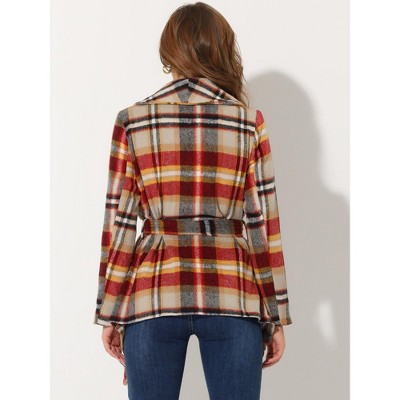 Allegra K Women's Shawl Collar Asymmetric Hem Thin Belted Plaids Wrap Coat X-Small Red Brown — фото 4