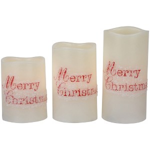 Northlight LED Flameless Frosted "Merry Christmas" Wax Pillar Candles - 6" - Set of 3 - 1 of 4