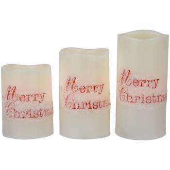 Northlight Set of 3 Frosted White "Merry Christmas" Flameless LED Wax Pillar Candles 6"
