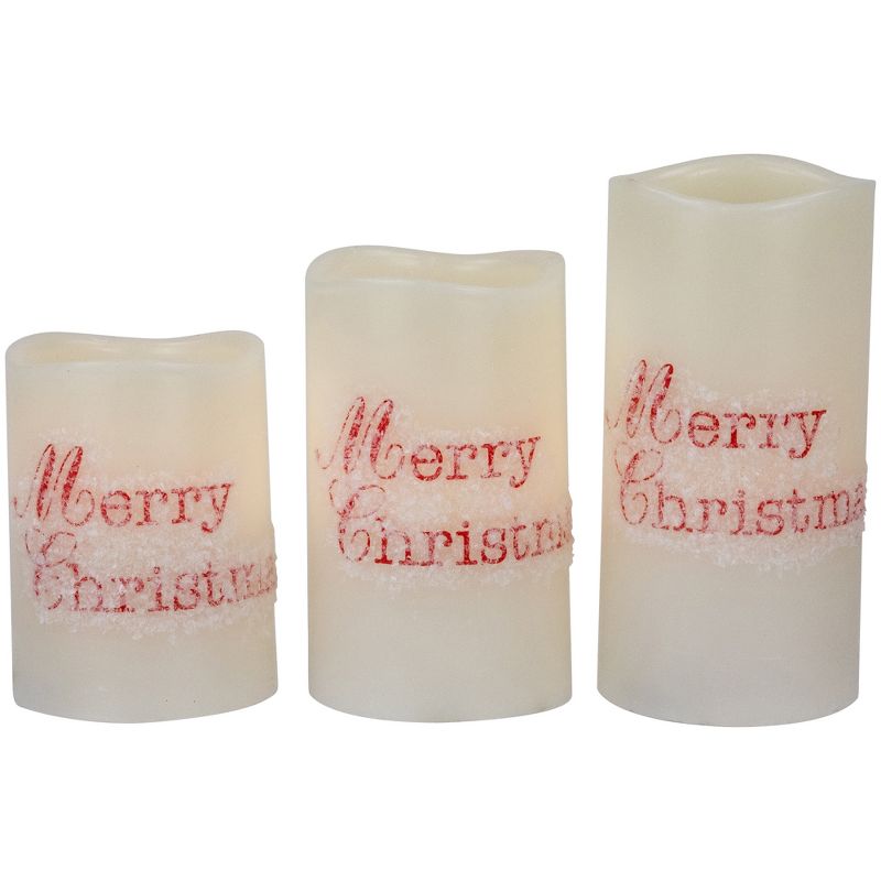 Northlight Set of 3 Frosted White "Merry Christmas" Flameless LED Wax Pillar Candles 6", 1 of 8