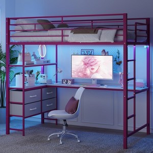 VINGLI Full Metal Loft Bed with Desk,15 Inches Guardrail,Non-Slip Ladder,2 Charging Stations,4 Drawers/Storage Shelves/LED,No Box Spring Needed,Pink - 1 of 4