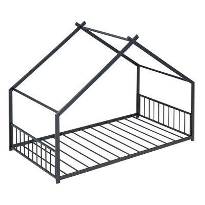 Bellemave Montessori House Floor Bed with Headboard and Footboard, Metal Twin Size Bed with Slats, Black