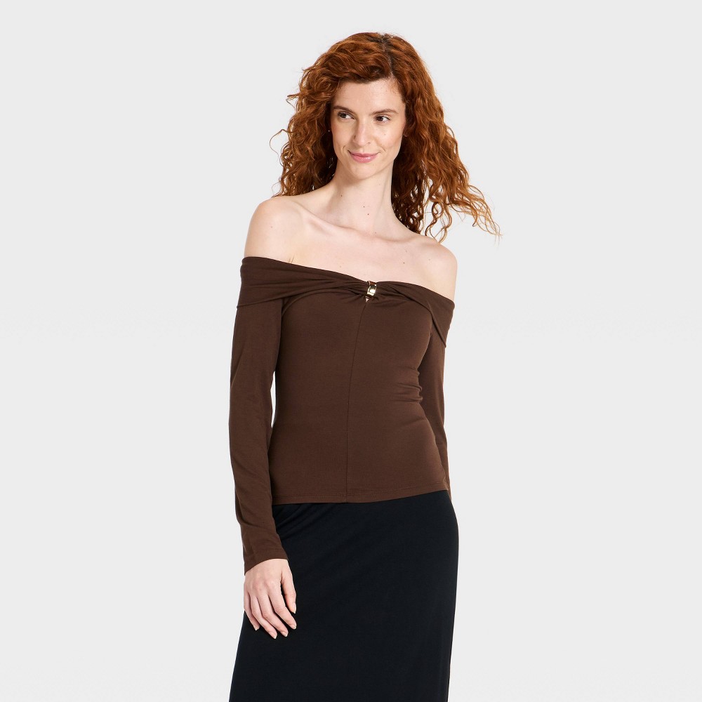Women's Modern Jersey Off the Shoulder Hardware Long Sleeve Top - A New Day™ Brown XS