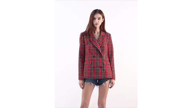 Allegra K Women's Casual Fit Notched Lapel Double Breasted Plaid Formal Blazer, 2 of 7, play video