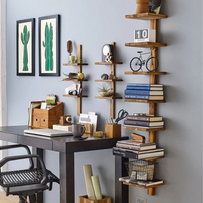 Large Teak Trapezoid Wall Mount Column Shelf