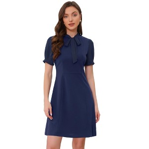 INSPIRE CHIC Women's Bow Tie Keyhole Neck Puff Sleeve Elegant Work Dress - 1 of 4