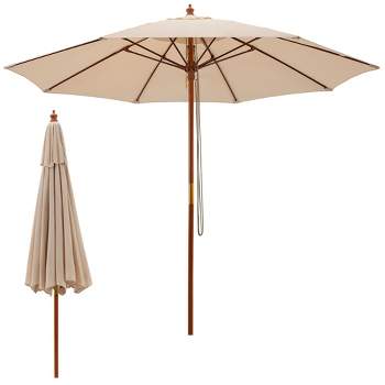 Tangkula 9.5 FT Rope Pulley Wooden Umbrella Market w/ Fiberglass Ribs Patio