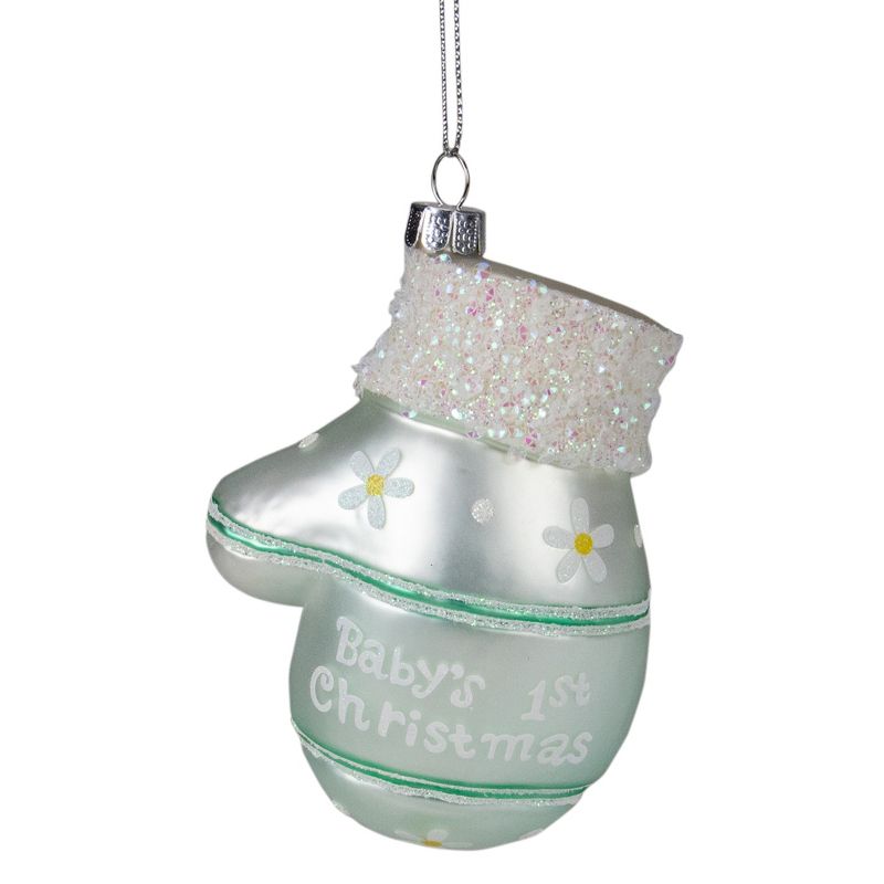Northlight 4" Baby's 1st Christmas Mint Green Glass Mitten Holiday Ornament, 1 of 6