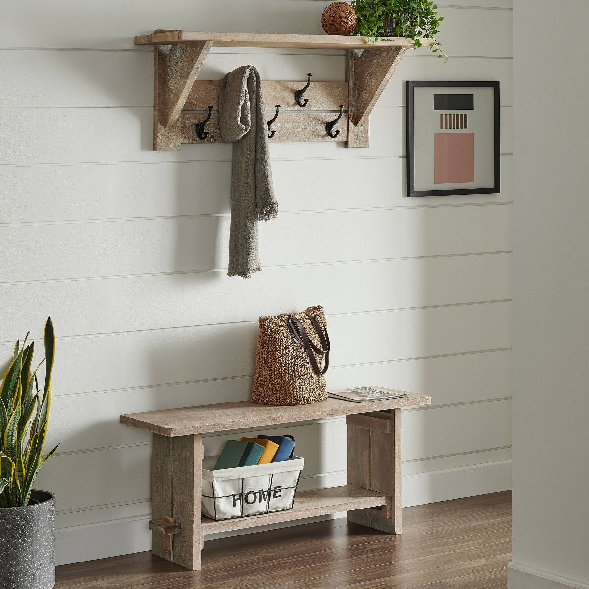 40" Castleton Mango Wood Bench and Coat Hook with Shelf Driftwood - Alaterre Furniture: Entryway Storage, 5 Metal Hooks, No Surface Treatment - thumbnail 2