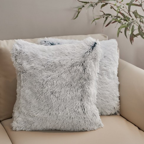 Cheer Collection Set of 2 Shaggy Long Hair Throw Pillows | Super Soft and Plush Faux Fur Accent Pillows - 18 x 18 Inches - Gray