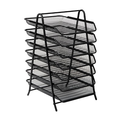 Black Metal Mesh 7-Tier Letter Tray Organizer with Handle